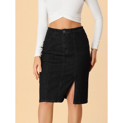 black knee length denim skirt