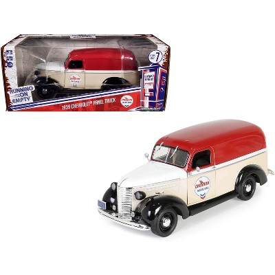1939 Chevrolet Panel Truck "Chevron Gasolines" Red and Beige with White "Running on Empty" 1/24 Die Cast Model Car by Greenlight
