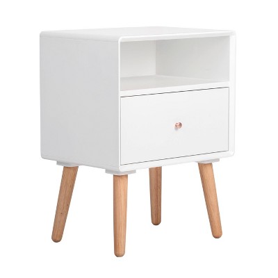 White and Natural Wood Midcentury Modern Side Table with Storage