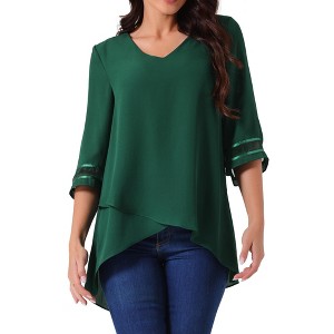 Seta T Women's V Neck 3/4 Bell Sleeve Mesh Panel High Low Asymmetrical Irregular Hem Casual Blouse - 1 of 4
