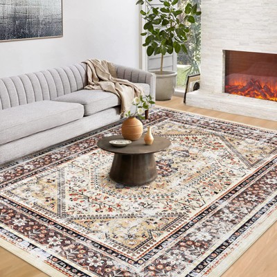 Boho Vintage Soft Area Rug – Machine Washable Low Pile Non-Slip Style. For Living Room, Bedroom, Dining Room