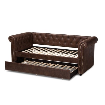 Mabelle Twin Brown Faux Leather Daybed with Trundle and Nailhead Trim