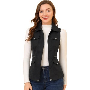 Allegra K Women's Zip-Up Sleeveless Turn Down Collar Cargo Utility Vest with Pockets - 1 of 4