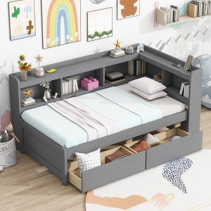 GDFStudio Ruth Pine Twin Size L-Shaped Bookcase Bed with Power Outlets and Two Storage Drawers - 1 of 4