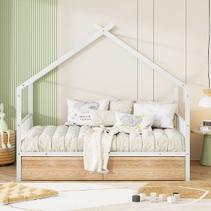 Full-Size Metal Frame House Bed with Included Twin Size Trundle Drawer - 1 of 4