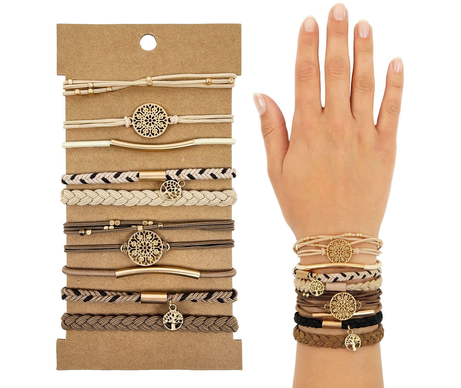 Wrapables Charms and Braided Boho Hair Tie Bracelets for Women, No Damage Elastic Hair Bands, Hair Accessories for Ponytails (10pcs)