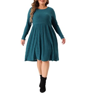 Agnes Orinda Women's Plus Size Elegant Round Neck Long Sleeve with Pocket Ribbed Knit Midi Sweater Dress - 1 of 4