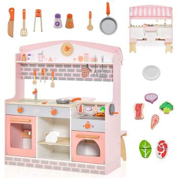 Little Tikes Real Wood Pizza Restaurant Wooden Play Kitchen Cook and Serve  with Realistic Lights Sounds and Dual-Sided, 20+ Accessories Set, Gift for