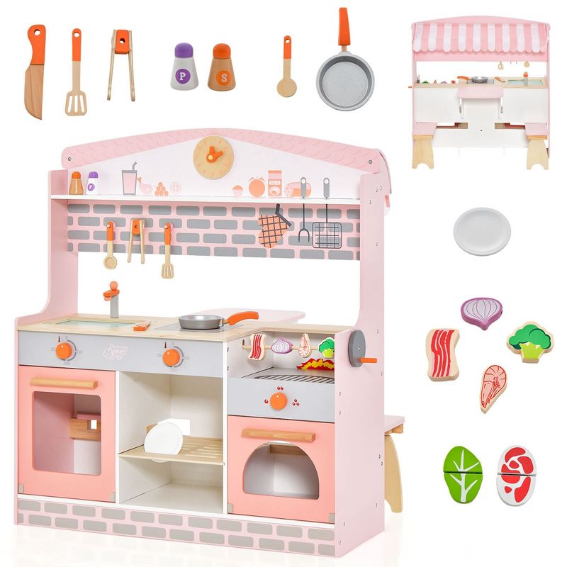 Costway 2 in 1 Kids Play Kitchen & Restaurant Double-Sided Pretend Playset with Canopy, 1 of 11