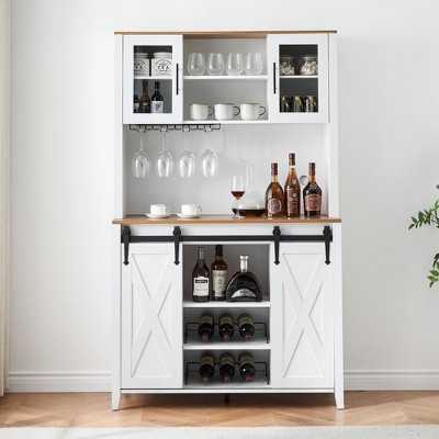 70 Inch Tall Wine Bar Cabinet,Modern Wood Fluted Design,Tall Sideboard Buffet with Sliding Barn Door