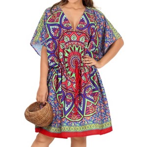 LA LEELA Women's Beachwear Swimsuit Coverups for Women Summer Swim Beach Cover Ups for Swimwear Women Bathing Suit Cover-up Dress 2X-3X Blue,Abstract - 1 of 4