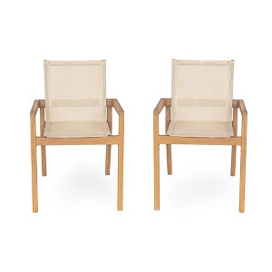 Grungis Outdoor Dining Chairs Set of 2, Patio Chairs with Teak-Finish Acacia Wood Frame,All-Weather Armchairs for Patio, Poolside Dining,Teak+Beige - 1 of 4