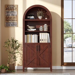 Arched Cabinet Bookshelf Black Arch Bookcase with Doors, Wooden Curved Book Case 5-Tier Tall Round Top Bookshelves for Living Room - 1 of 4