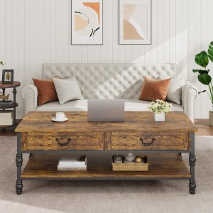 Farmhouse Coffee Table with Storage, 41" Wood Coffee Table for Living Room, Rustic Center Table with 2 Drawers, Open Display Area - 1 of 4