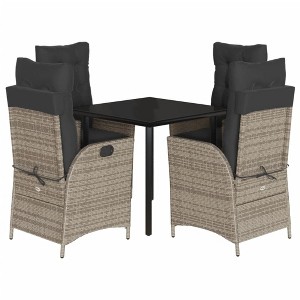 vidaXL 5 Piece Patio Dining Set with Reclining Chairs Cushions Gray Poly Rattan for Outdoor Garden Backyard Patio - Tempered Glass Tabletop - 1 of 4