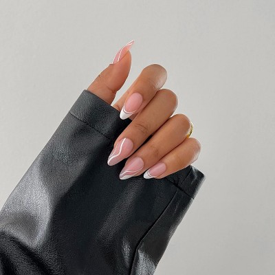BTArtbox Press-On Nails - White Swirl - M Almond - 30ct
