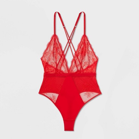 Women's Deep-v Unlined Lace Lingerie Bodysuit - Auden™ Red Xl : Target