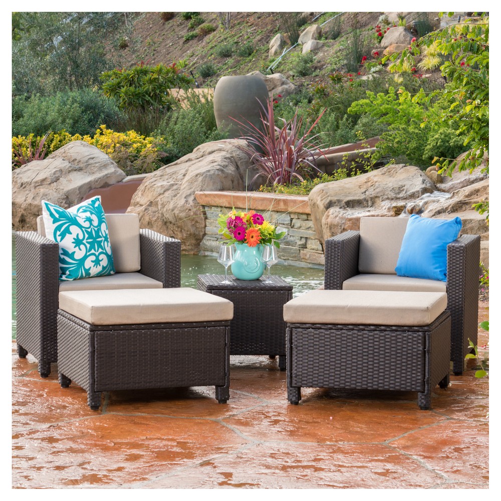 Puerta 5pc All Weather Wicker Patio Chat Set Dark Brown Beige Christopher Knight Home