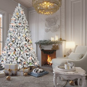 6FT Flocked Christmas Tree with 350 Colorful UL Lights and 36 Natural Pine Cones – 888 Snowy PVC Tips, Hinged Branches, Stable Metal Stand, Easy Setup - 1 of 4