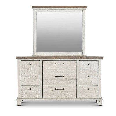 Rustic Ivory and Honey 9-Drawer Dresser with Mirror