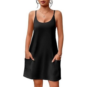 Ekouaer Nightgowns for Women Cotton Sleepwear Sexy Sleep Shirt Adjustable  Spaghetti Strap Night Gowns with Pockets Black S