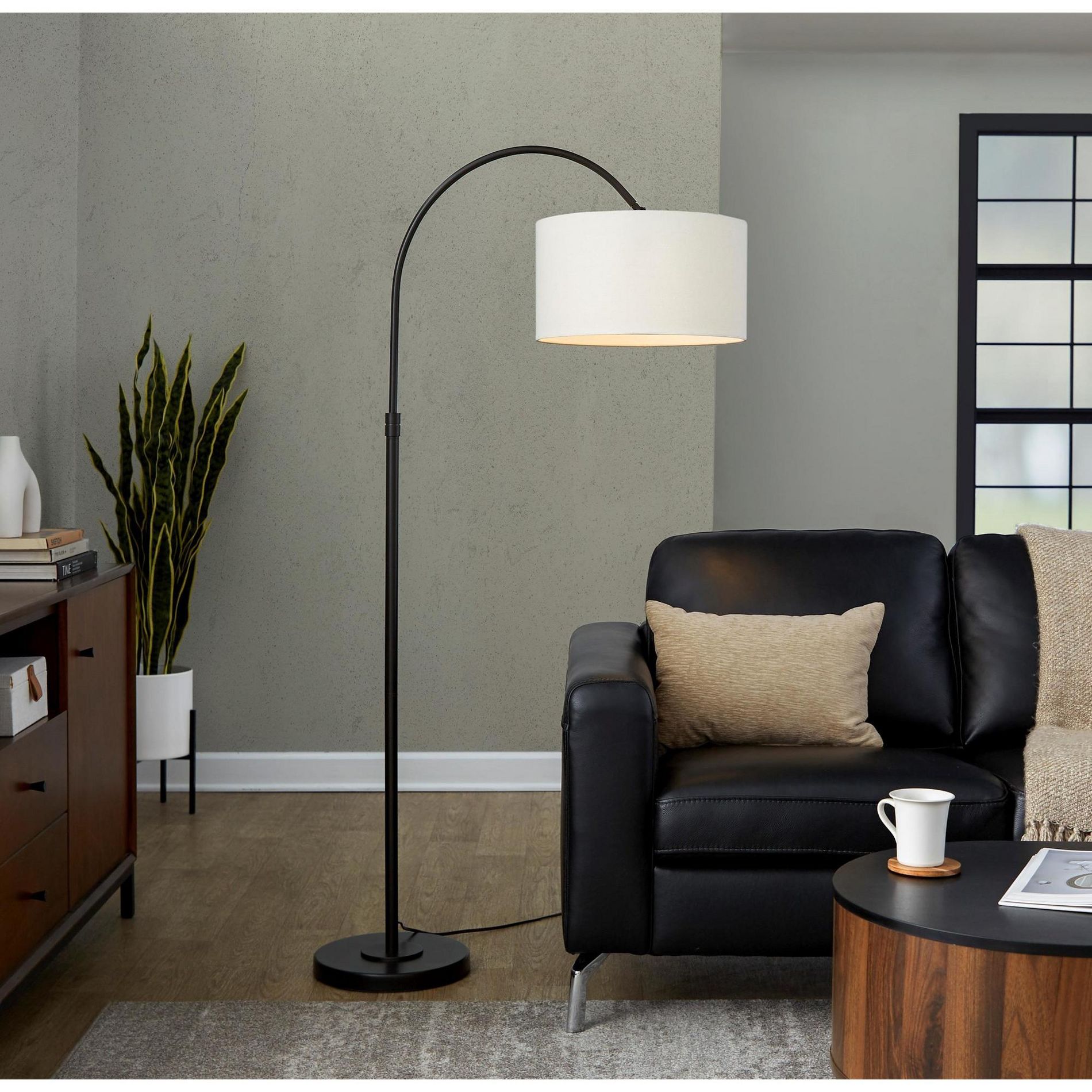 Contemporary Metal Floor Lamp with Oil Bronze Finish, Natural Linen Shade, Arched Neck, 72 Inch Tall, Foot Switch for Living Room