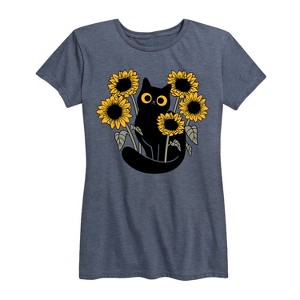 Women's - Instant Message - Black Cat in Sunflowers Short Sleeve Graphic T-Shirt - 1 of 4