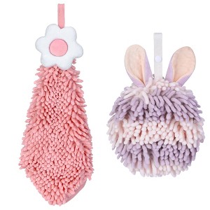 REGALWOVEN 2 Packs Soft Absorbent Flower and Rabbit Shape Decorative Chenille Hand Towel for Bathroom 6" x 15"/7" x 7" - 1 of 4