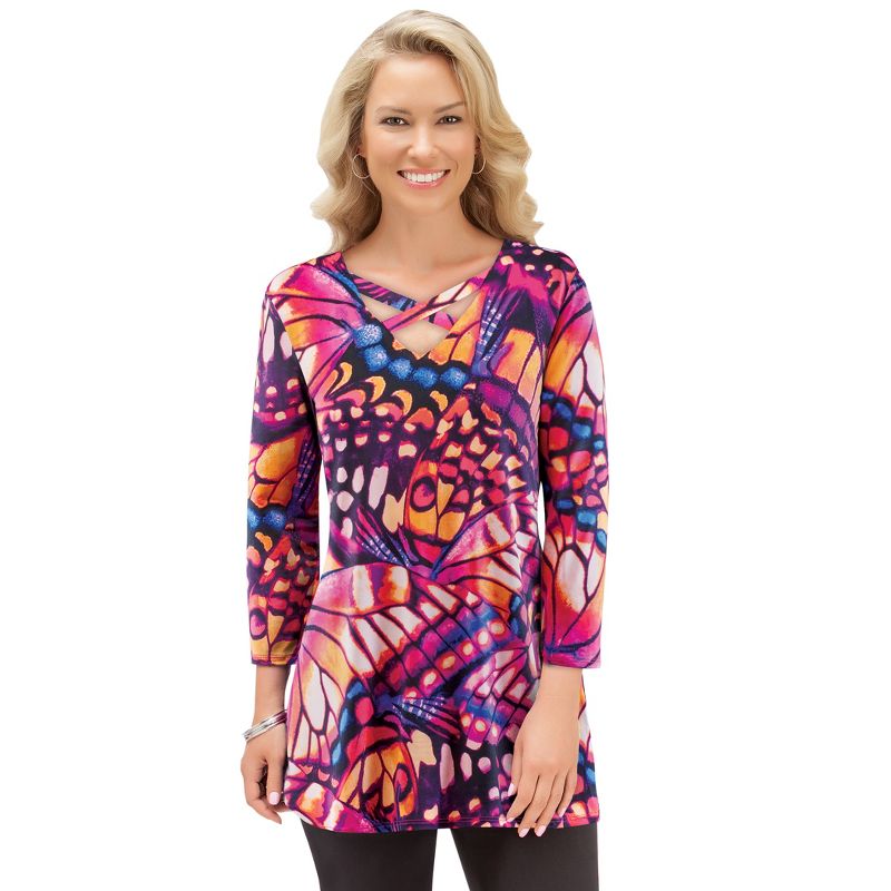 Collections Etc Abstract Butterflies X-Neckline 3/4 Length Sleeve Tunic, 2 of 5