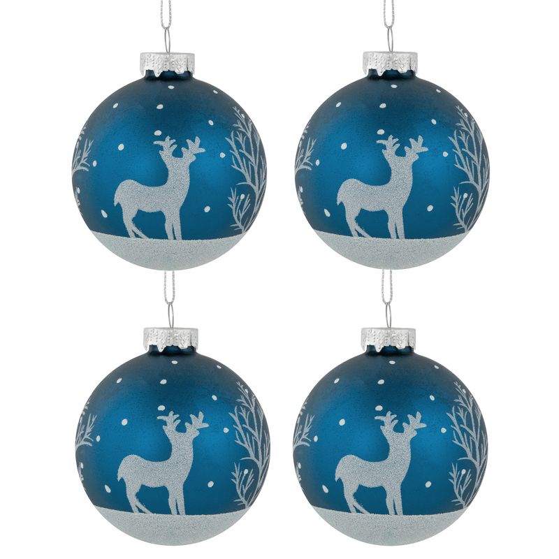 Northlight 4ct Blue Glass Ball Christmas Ornaments with Glitter Reindeer 3", 1 of 7