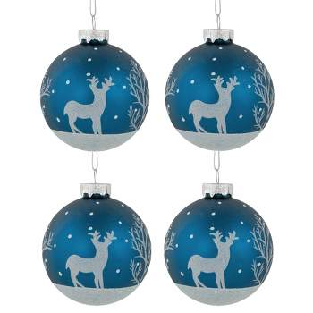 Northlight 4ct Blue Glass Ball Christmas Ornaments with Glitter Reindeer 3"