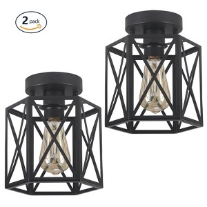 PAKOKULA Farmhouse 7.87 in. 1-Light Matte Black Industrial Semi-Flush Mount Ceiling Light With Metal Cage Shade(2-Pack) - 1 of 4
