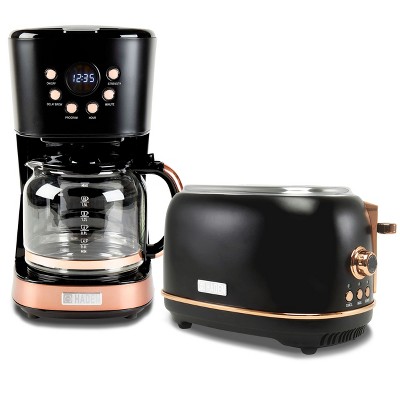 Haden Heritage 2 Slice Wide Slot Stainless Steel Toaster Bundled with 12 Cup Programmable Drip Coffee Maker Coffee Machine, Black & Copper