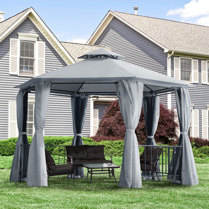 Outsunny 13' x 13' Outdoor Patio Gazebo Canopy Pavilion with Removable Mesh Netting, Curtains, Double Tiered Roof, UV Protection & Large Floor Space, 3 of 7