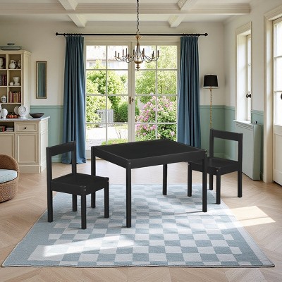 FURNIinspire Kids Table Sets 3 Piece Solid Wood Kids Table With 2 Chairs, Toddler Table And Chairs For Living Room, Nursery, Black, 25"*19"*18"