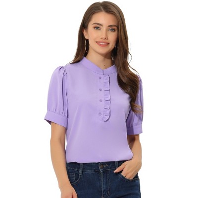 Allegra K Women's Work Office Half Placket Ruffled Puff Sleeve Blouse