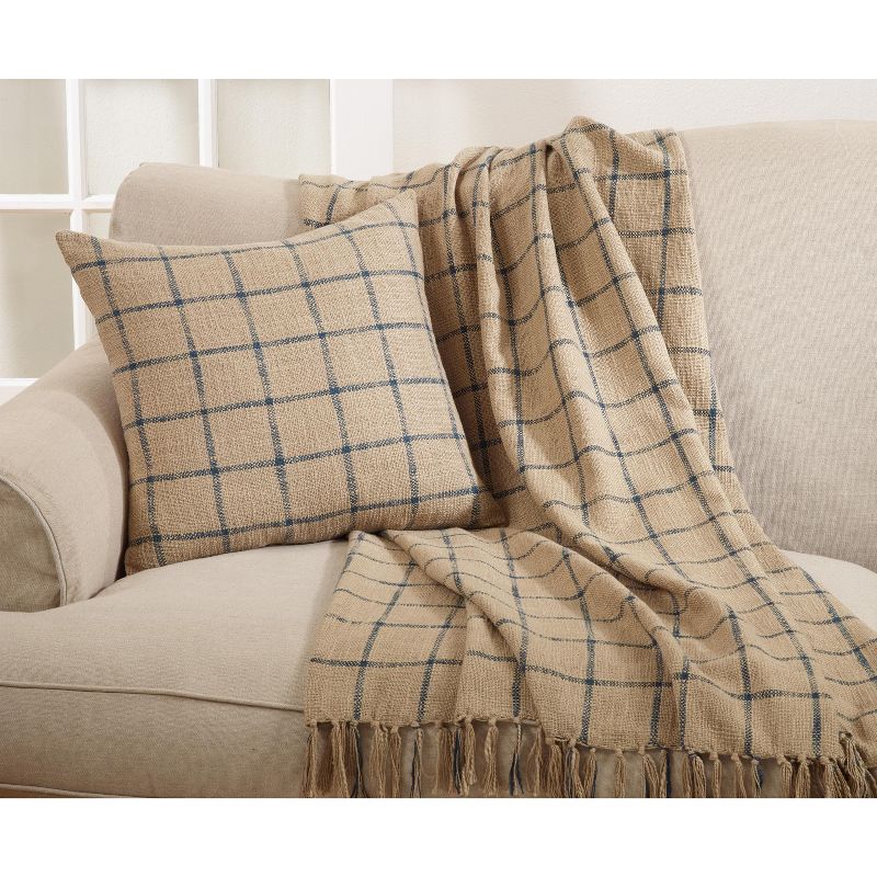 Saro Lifestyle Checkered Pillow - Down Filled, 20" Square, Natural, 3 of 4