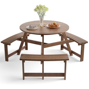 Tangkula 6-Person Outdoor Wooden Picnic Table W/ 3 Benches & Solid Wood Table, Circular Outdoor Dining Table W/ Umbrella Hole - 1 of 4