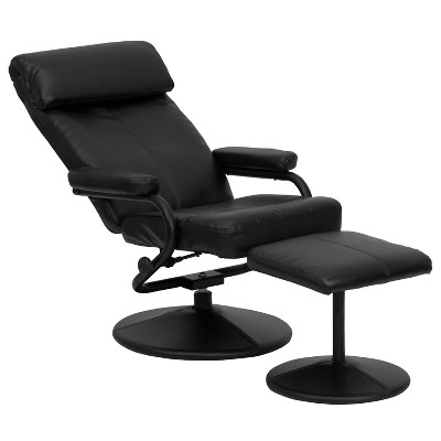 Eco-Friendly Black Leather Recliner and Ottoman Set with Leather-Wrapped Base
