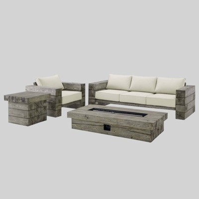 4pc Manteo Rustic Coastal Outdoor Patio Sunbrella Set with Side Table Light Gray/Beige - Modway