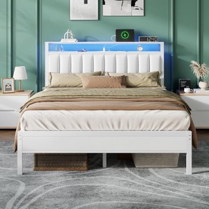 Furnulem White Queen Bed Frame with Charging Station Led Lights Pu Leather Upholstered Headboard W/ 2-Tier Storage Shelves No Box Spring Needed - 1 of 4