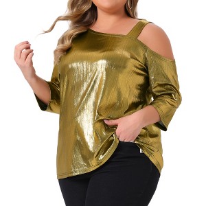 Women's Plus Size Metallic Sparkle Shiny One Shoulder Neck 3/4 Sleeve Party Blouses - Agnes Orinda - 1 of 4