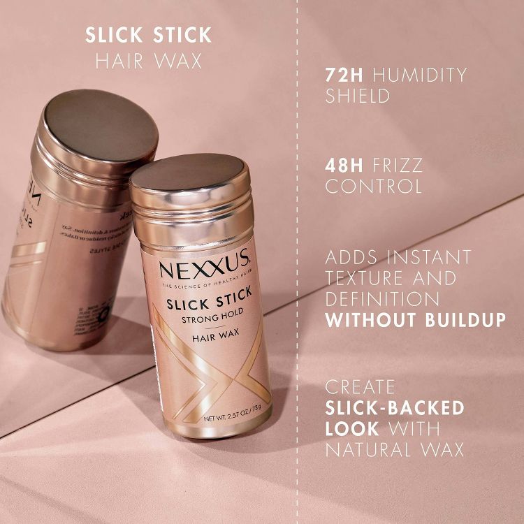 Nexxus Slick Stick Hair Wax, strong hold, against a warm, pink backdrop. It boasts a 72H humidity shield, 48H frizz control, and promises texture without buildup for a natural, slick-backed look.