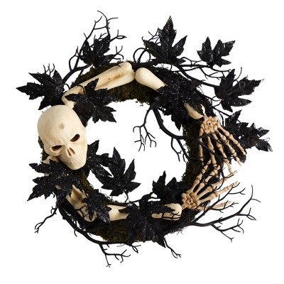 Nearly Natural 24" Halloween Skull and Bones Wreath