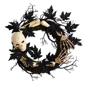 Nearly Natural 24" Halloween Skull and Bones Wreath - 1 of 4