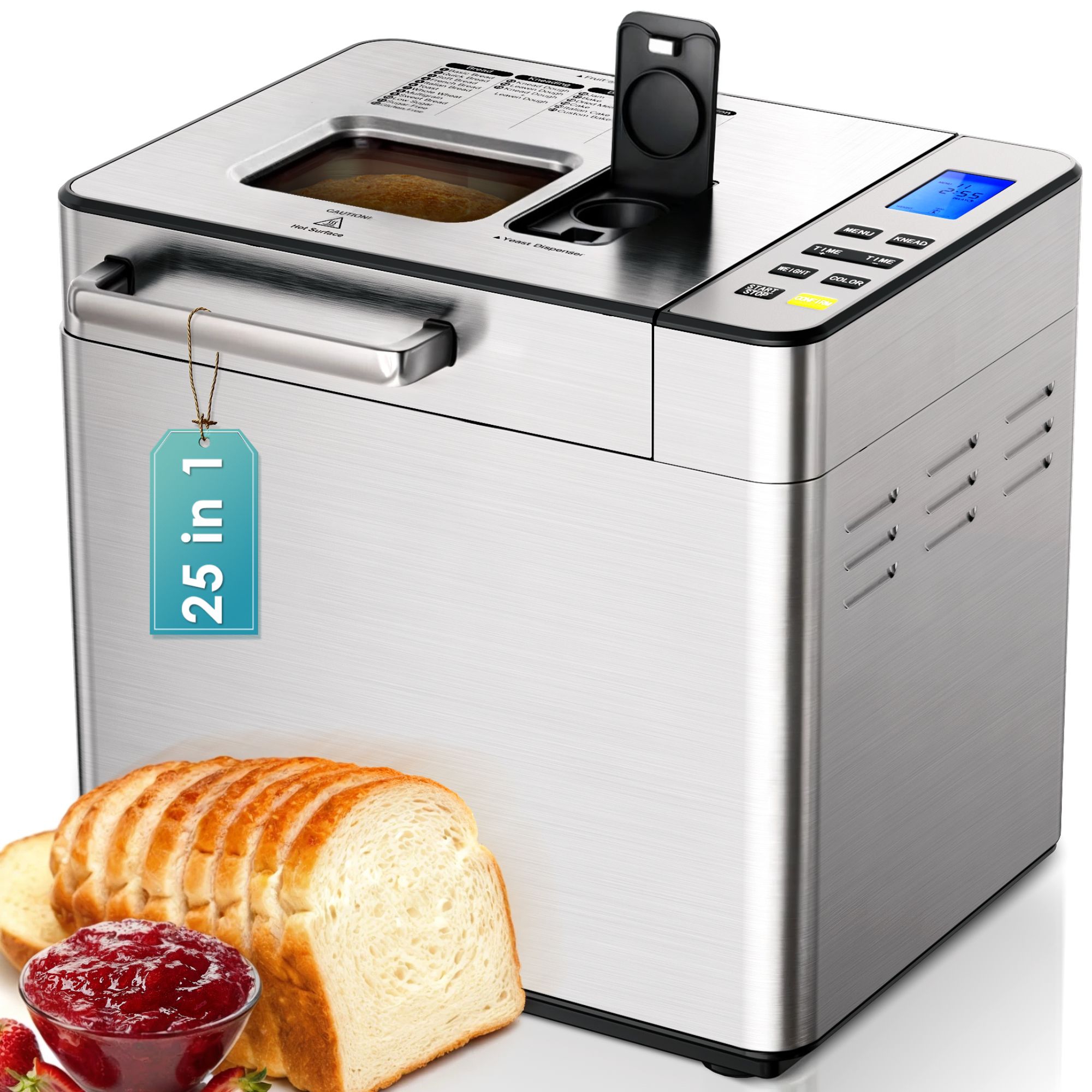 Simzlife 25 in 1 Bread Maker, 3 Loaf Sizes, Preprogrammed Menu, Delay Timer, Digital Control, Stainless Steel, Compact Machine, for Beginner, Silver