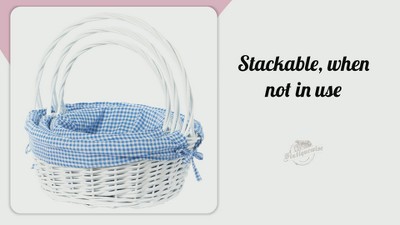 White Round Wicker Basket with Blue Gingham Liner
