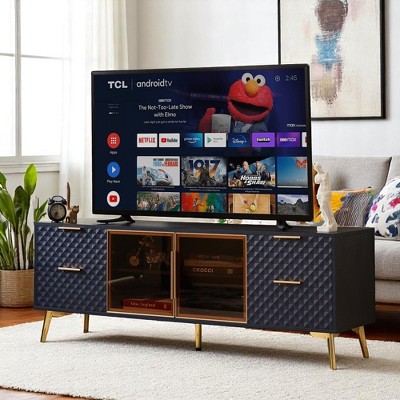 Modern Geometric TV Stand, 59.9" Media Console with Tempered Glass Doors, Deluxe Sculpted Aluminum Frame & 4 Drawers, Adjustable Metal Legs