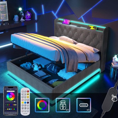 Streamdale Queen Upholstered Bed with Surround LED, Hydraulic Storage, Remote, & USB-C Charging (Gray, Linen)