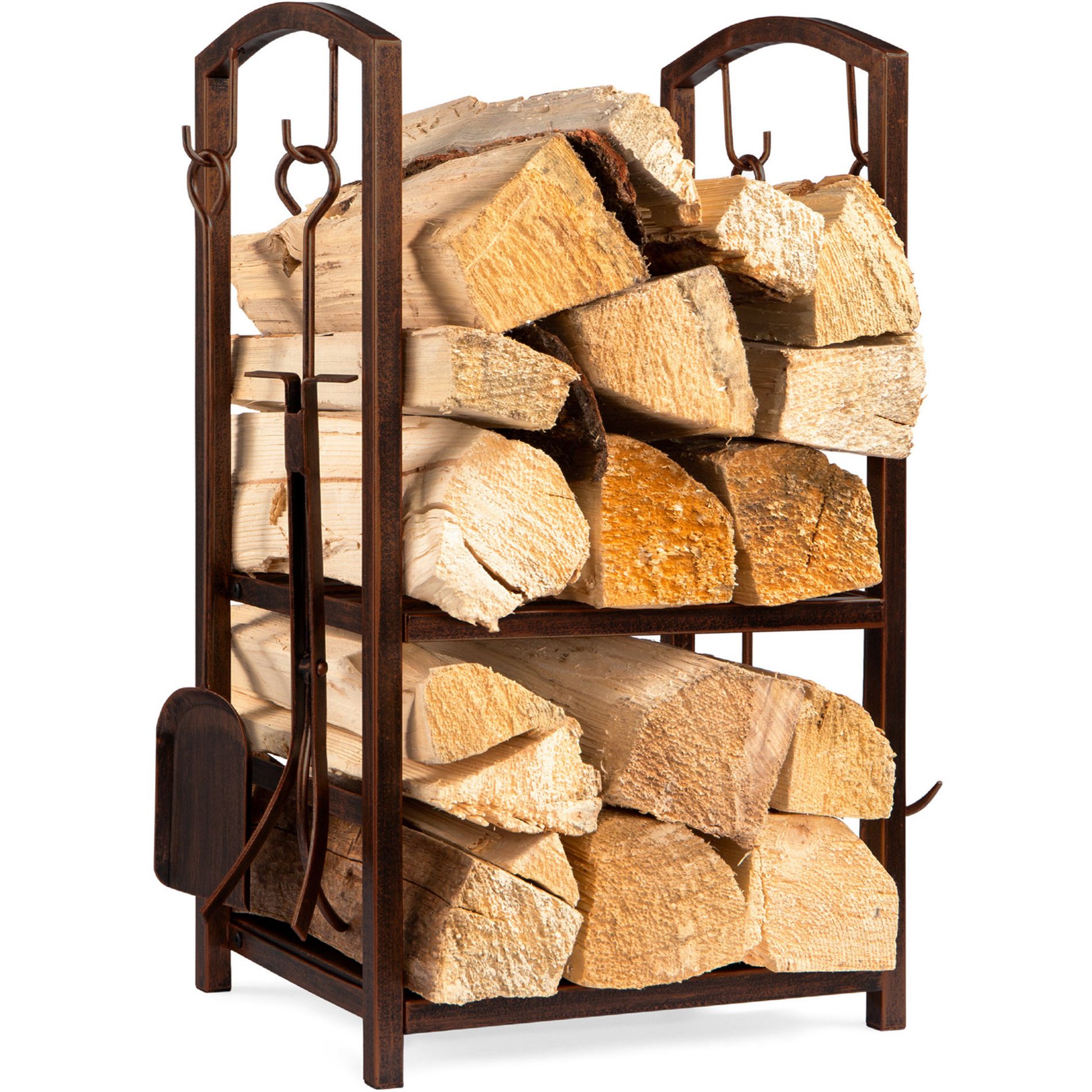 Best Choice Products 5-Piece Firewood Log Rack Holder Tools Set for Fireplace w/ Hook, Broom, Shovel, Tongs - Copper